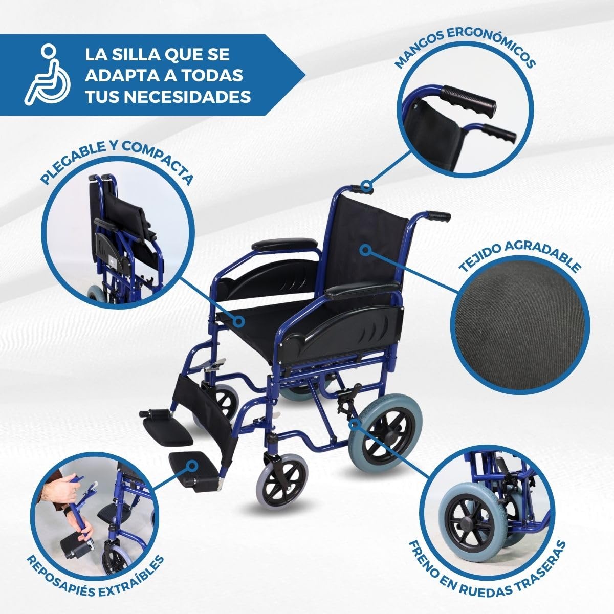 Mobiclinic®, Silla de ruedas plegable, Maestranza, Frenos estacionamiento, Asiento 45 cm, Reposapiés extraíbles, Reposabrazos abatibles y acolchados, Pequeñas, Resistente, Color negro