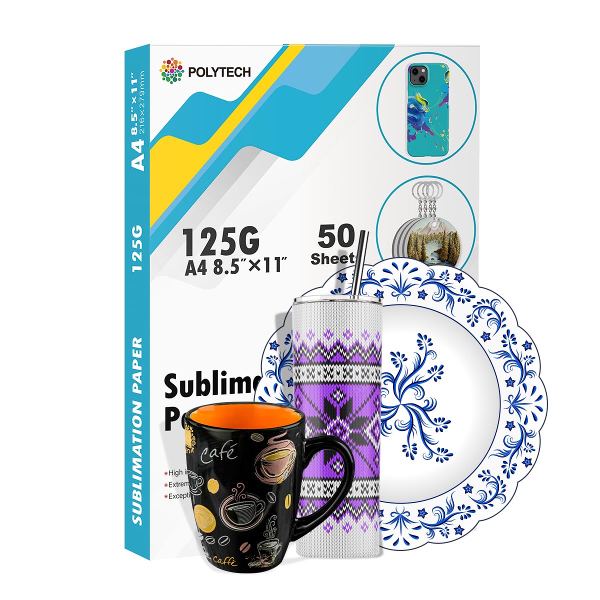 Polytech Sublimation Paper, 8.5x11, 50 Sheets, Heat Transfer Paper for All Sublimiation Blanks, For All Sublimation Printer and Ink, For Tumblers, Magnet Blanks, Ceramic Ornaments, Light T-Shirt,125G