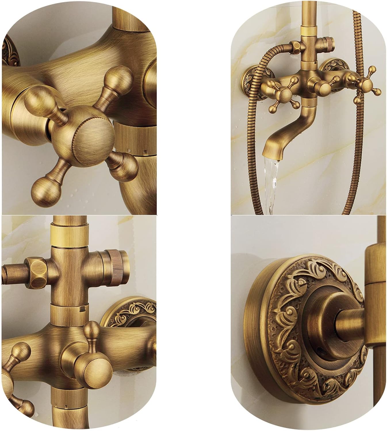 Antique Brass Bathroom Shower Fixture, Rain Shower Head with Handheld Spray, 2 Cross Knobs Wall Mounted Mixer Bathroom Shower Combo Set, Vintage Shower Faucet Set, Dual Shower Head