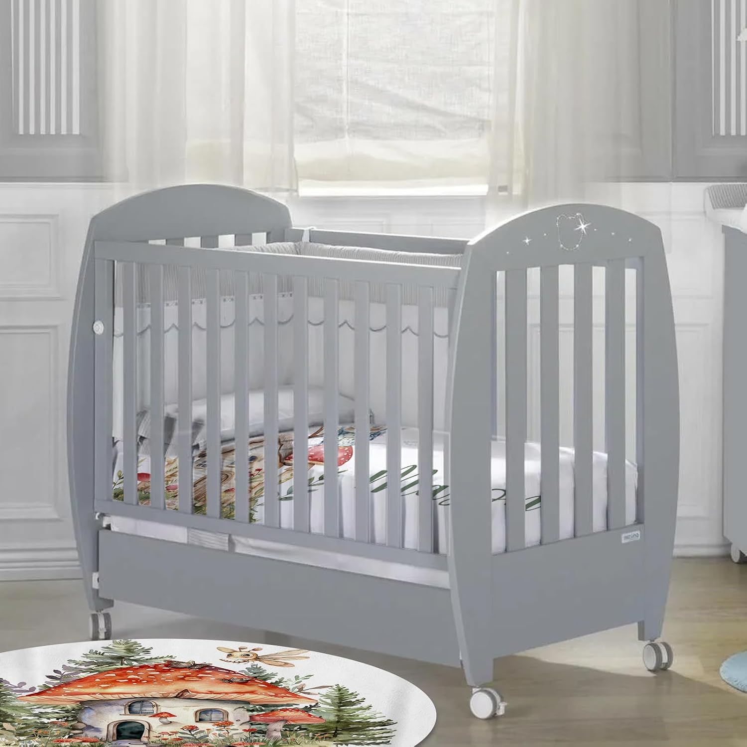 Custom Baby Crib Bedding Set, Personalized Name Mushroom House Design Crib Set 3 Pcs, Soft Double Layer Blanket, Crib Sheet & Room Rug, Ideal Nursery Decor Gift for Baby Girls Boys