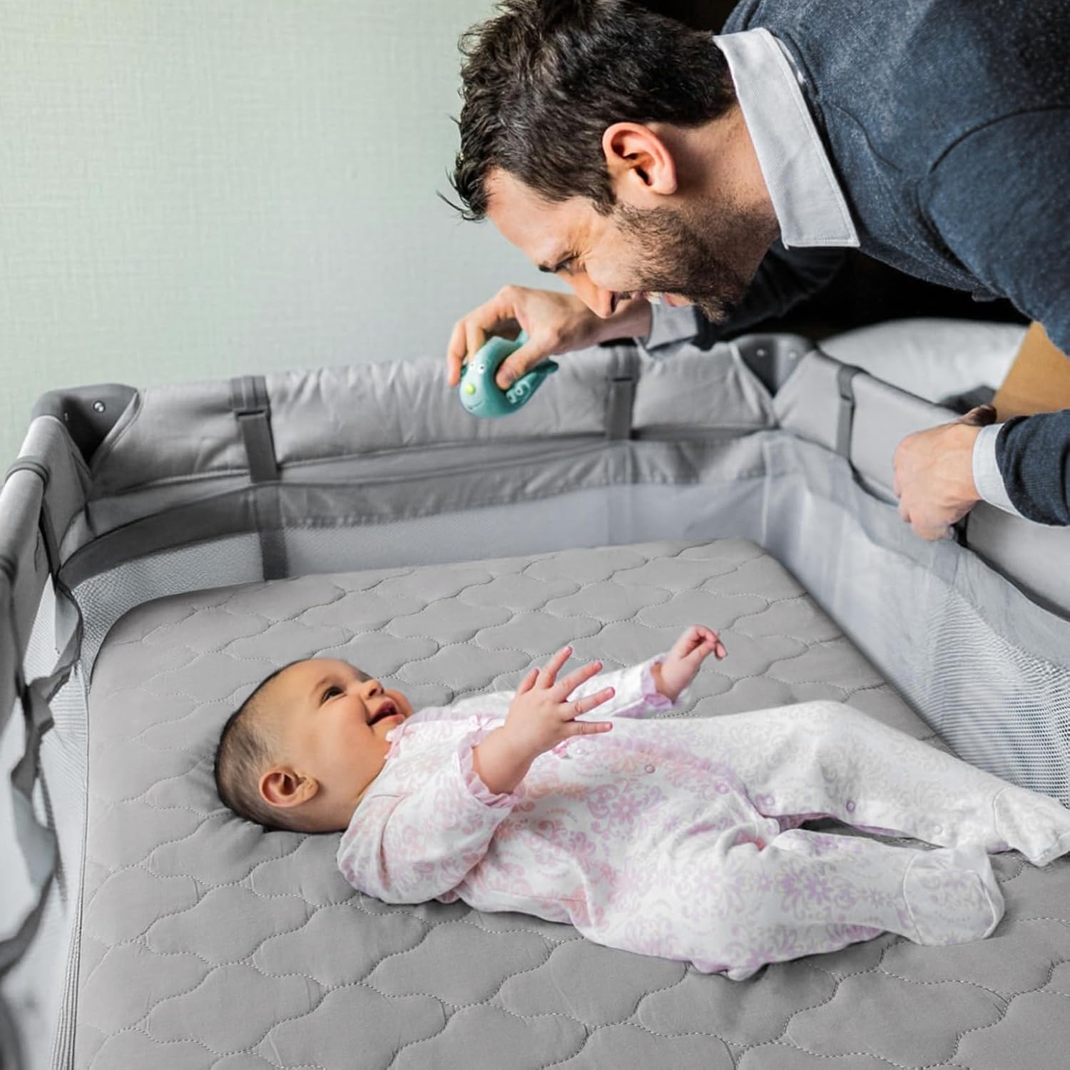 Waterproof Pack and Play Mattress Pad (Cover Only) 39" x 27", Compatible with Graco Pack and Play & Dream On Me & Pamo Babe, Cotton Fabric Playpen/Playard Sheet Quilted, Gray
