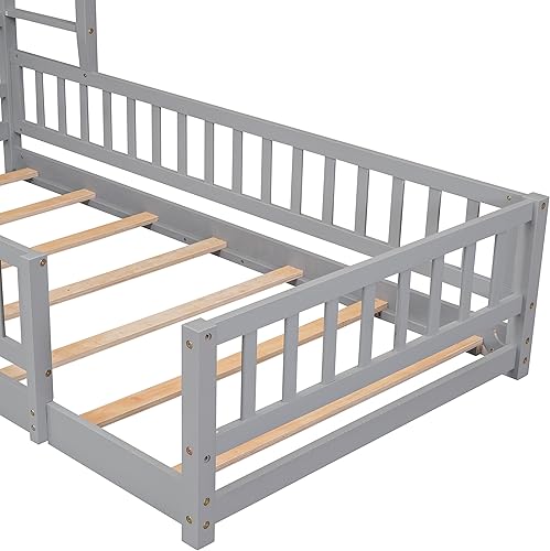 Miniatura 25 de Cama de madera de tamaño individual con cabecero en forma de casa con vallas, altura baja al suelo, para dormitorio de niños y niñas (blanco-01)