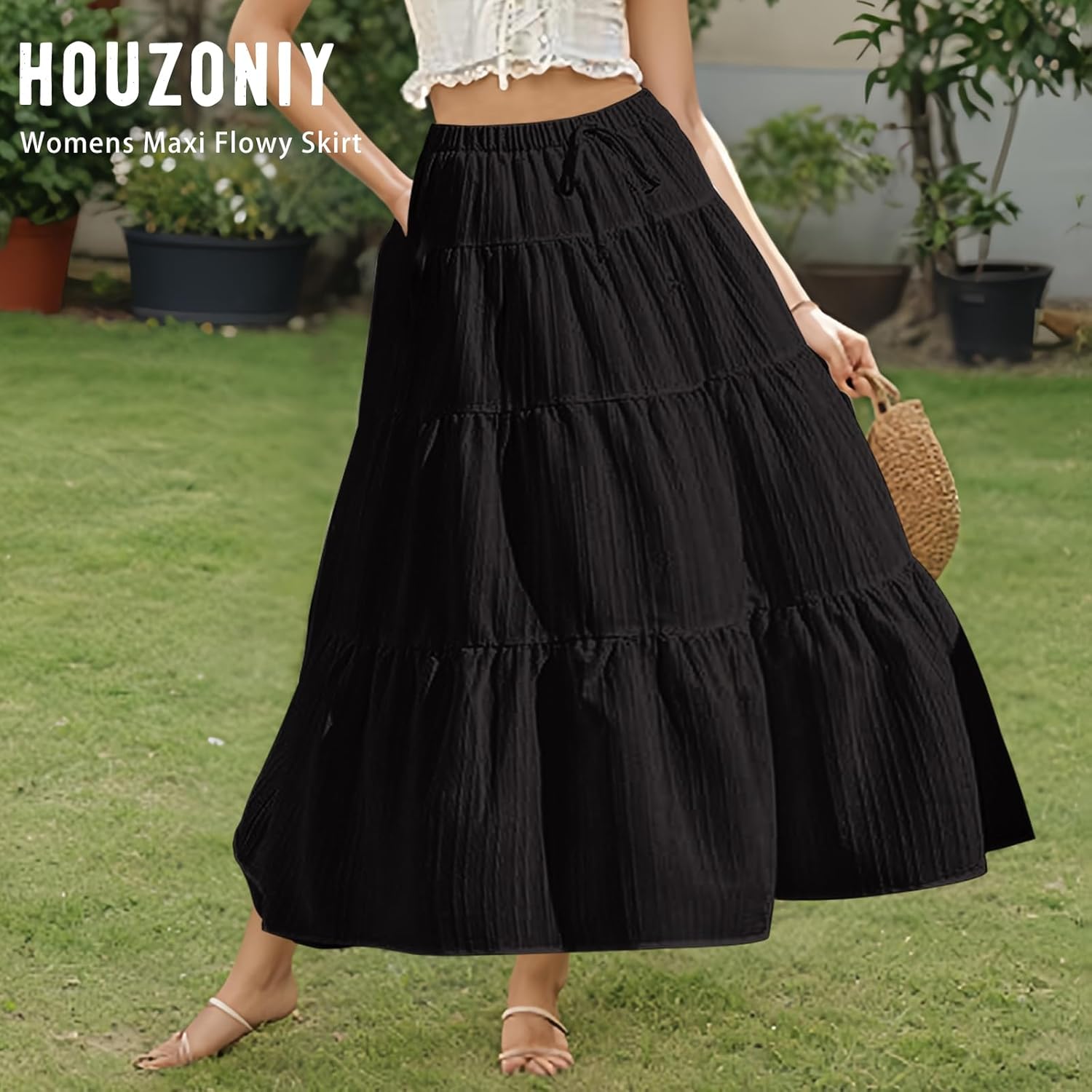 HOUZONIY Womens Maxi Skirt Flowy Elastic Waist Tiered Pleated A Line Summer Boho Trendy Cute Pull On Long Skirts - Image 3