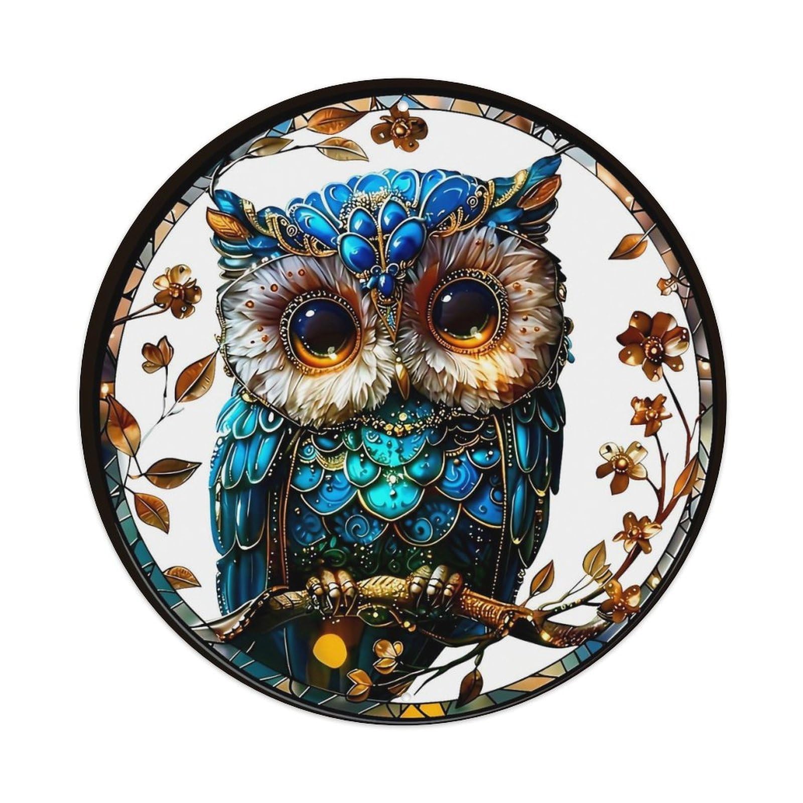 Ornate Blue Owl Stained Glass Vintage Metal Tin Sign Retro Wall Decor for Home Bar Garage Cafe, Indoor & Outdoor Decorative，circle Metal Poster, 8x8 Inch