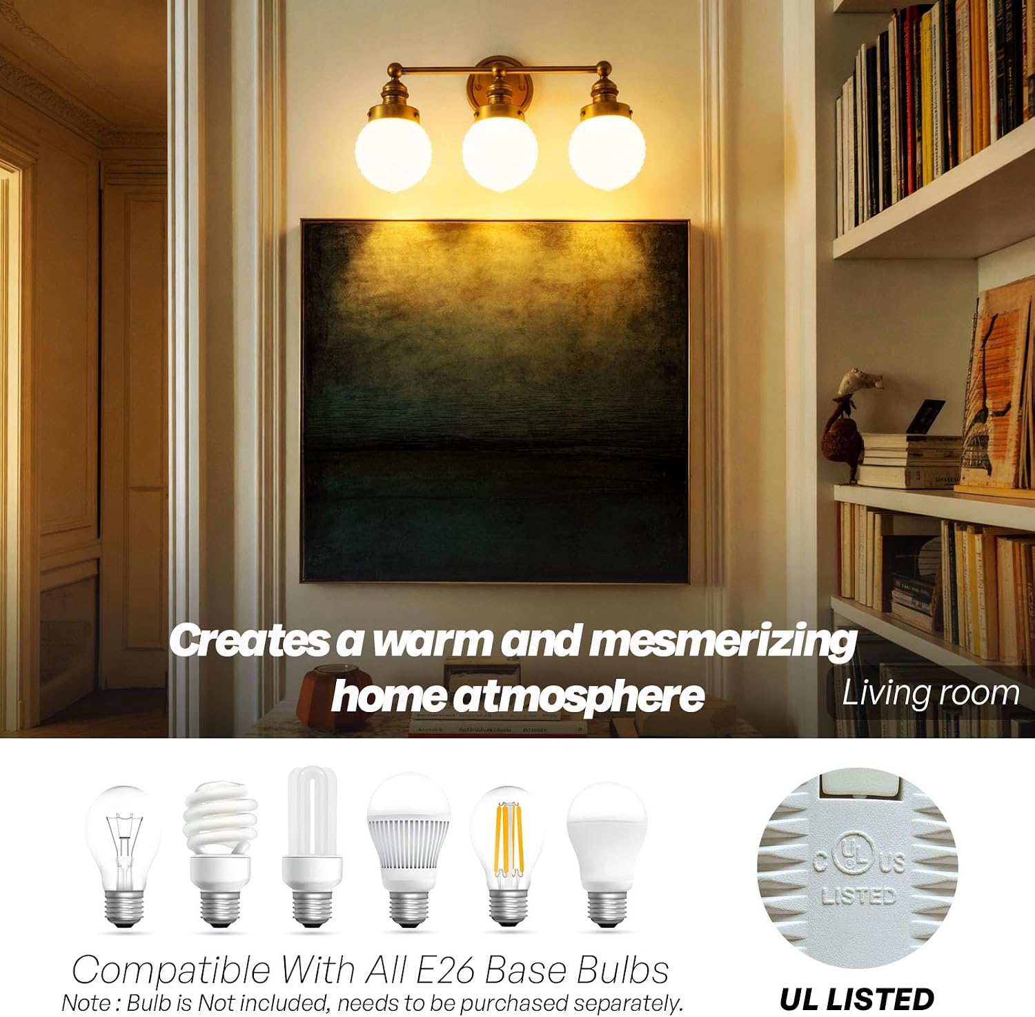 3 Lights Vintage Bathroom Light Fixtures,Gold Bathroom Vanity Light with Milky White Glass Soft Glare-Free & Easy-Clean Hardwired E26 for Bathroom Mirror&Kitchen Over Sink