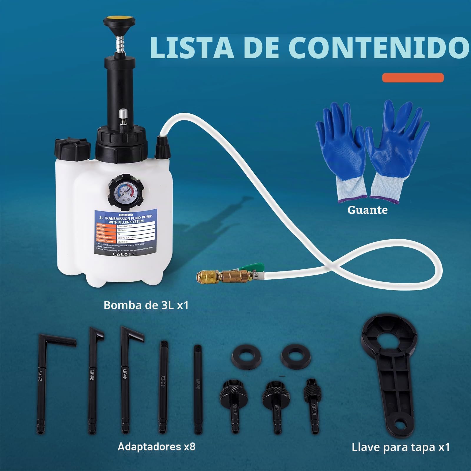 BAOSHISHAN Bomba de Llenado de Aceite 3L Bomba de Transferencia de Aceite de Caja de Cambios Sistema de Llenado Manual Bomba de Líquido de Transmisión con 8pcs Adaptadores de Llenado