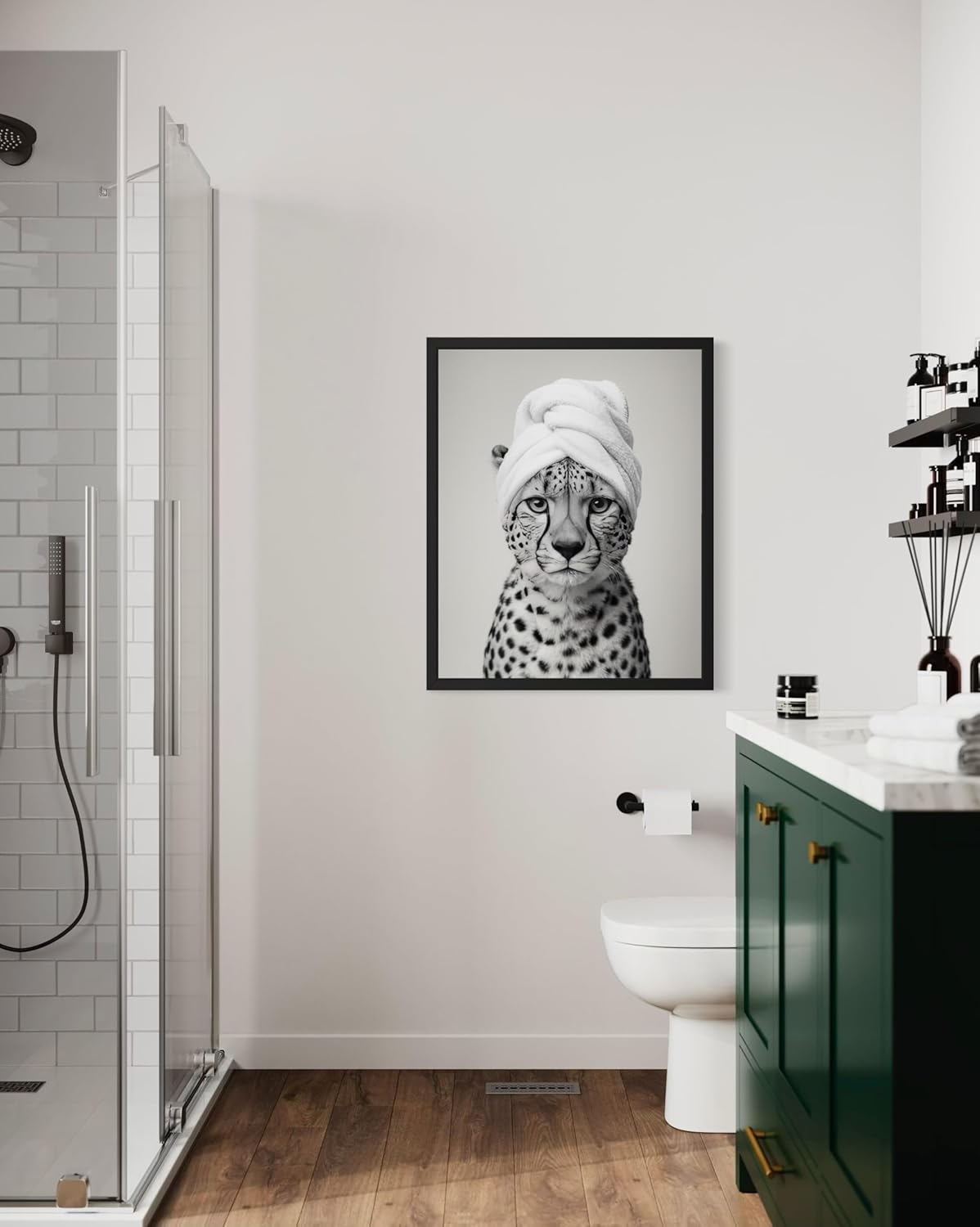 Cheetah and Shower Towel Poster Framed Art Print, Animal Funny Humor Restroom Painting Wildlife Bathroom Bath Shower Wall Art Decor Nature A8 (Cheetah and Shower Towel, 14" L x 11" W, Black Frame)