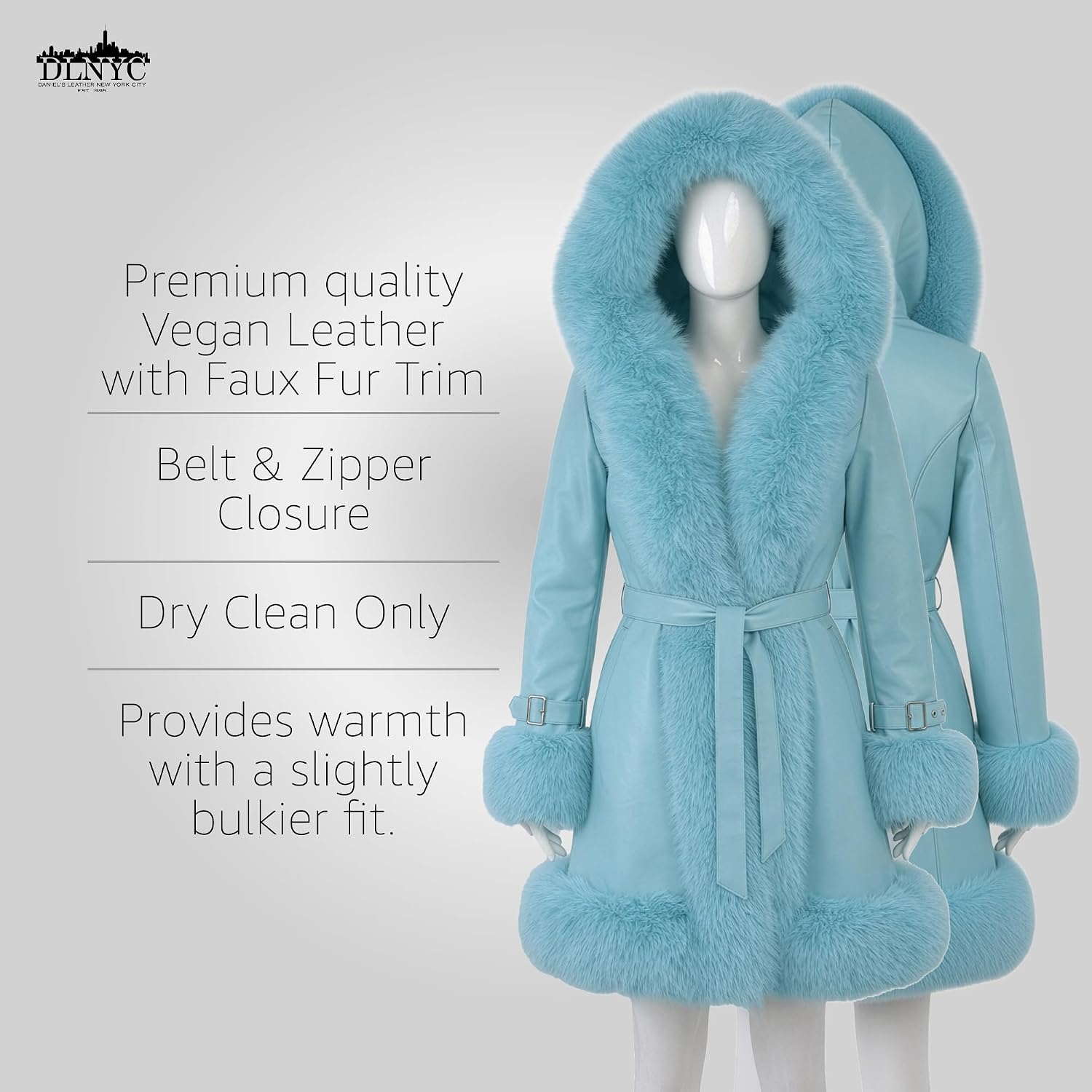 DLNYC Women’s Vegan Leather Belted A Line Winter Coat with Faux Fur Trim Hood, 3/4 Length, Luxurious Winter Fashion Outerwear