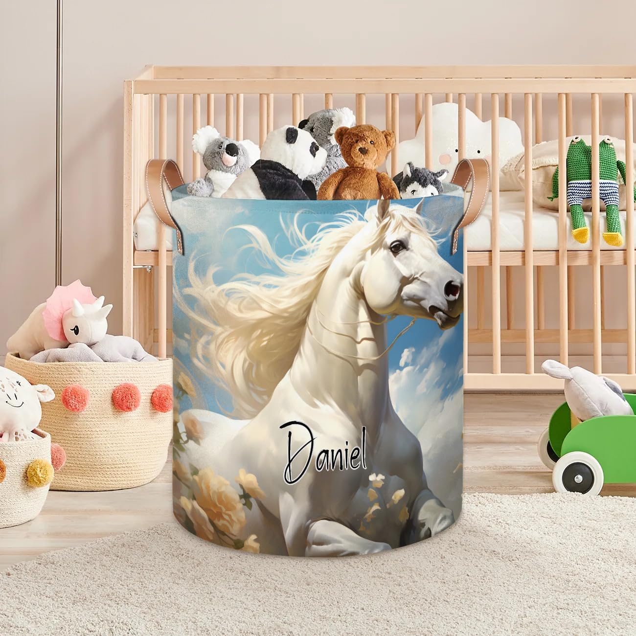 Custom-Laundry-Hamper with-Name Toy Organization Basket Foldable Clothes Storage-Basket for-Boys-Girls-Kids White Horse-Laundry-Basket with-Handle
