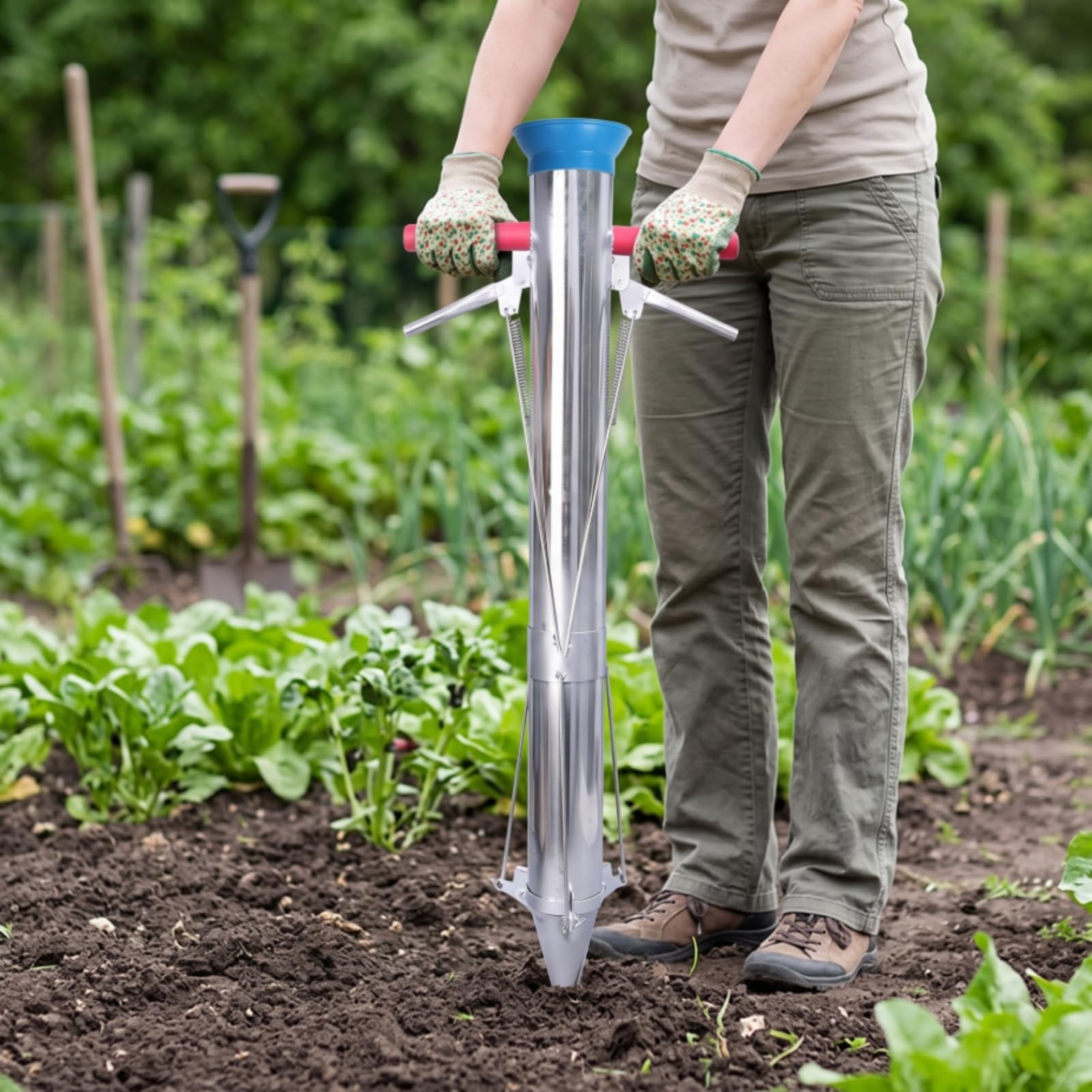 Trasplantador Plantones Metálico Herramienta Trasplante Manual Cómodo Plantador Bulbos para Agricultores, Jardineros, Grande, Acero Inoxidable Engrosado con Doble Mango Y Pedal