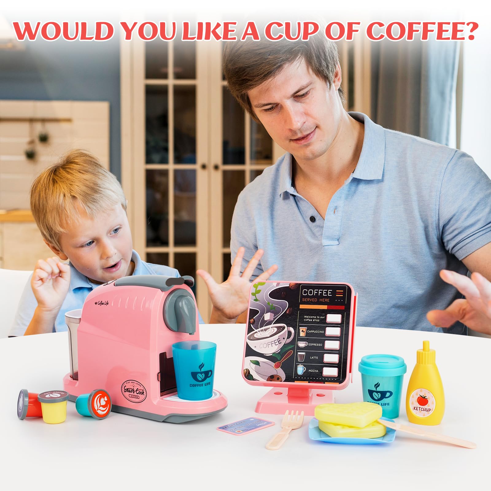 Spielzeug Kasse & Kaffeemaschine Kinder,Kaufladen Zubehör/Küchenzubehör Set,Kindergeschirr Spielküche,Kaffeemaschine Spielzeug,Küchenspielzeug Kaffeeservice für Mädchen und Jungen ab 3 Jahre (Rosa)