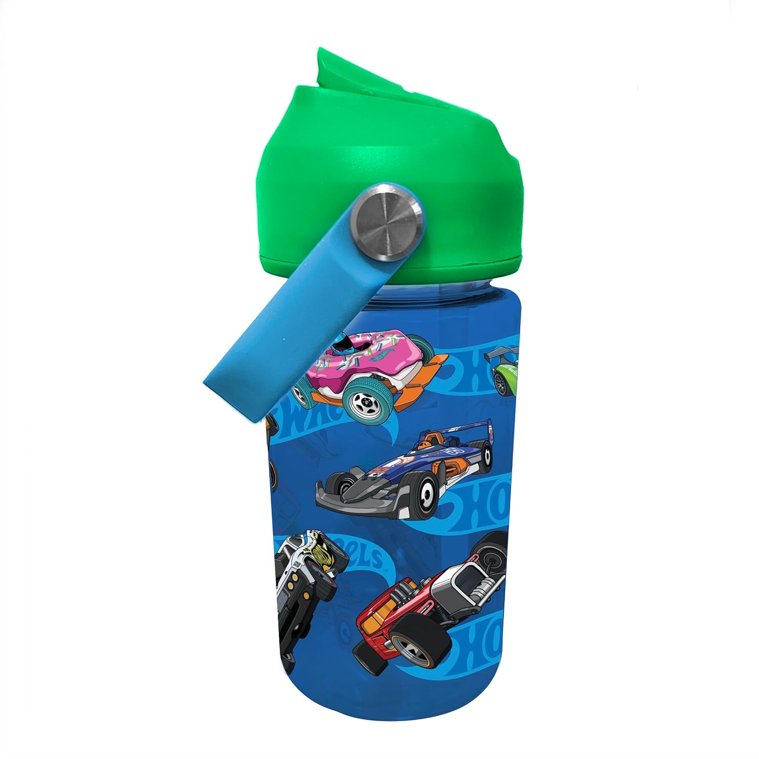 Hot Wheels Kids Water Bottle For School or Travel, 16oz Durable Plastic Water Bottle With Straw, Handle, and Leak-Proof, Pop-Up Spout Cover