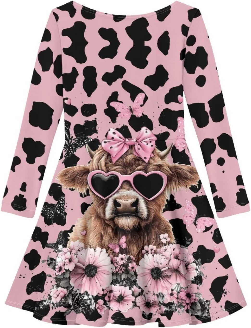Cow Print Girls Dresses 9-10 Highland Cow A Line Swing Twirly Skater Tunic Dresses Pink Long Sleeve T Shirt Dresses Casual Floey Dresses Kids Holiday Dress