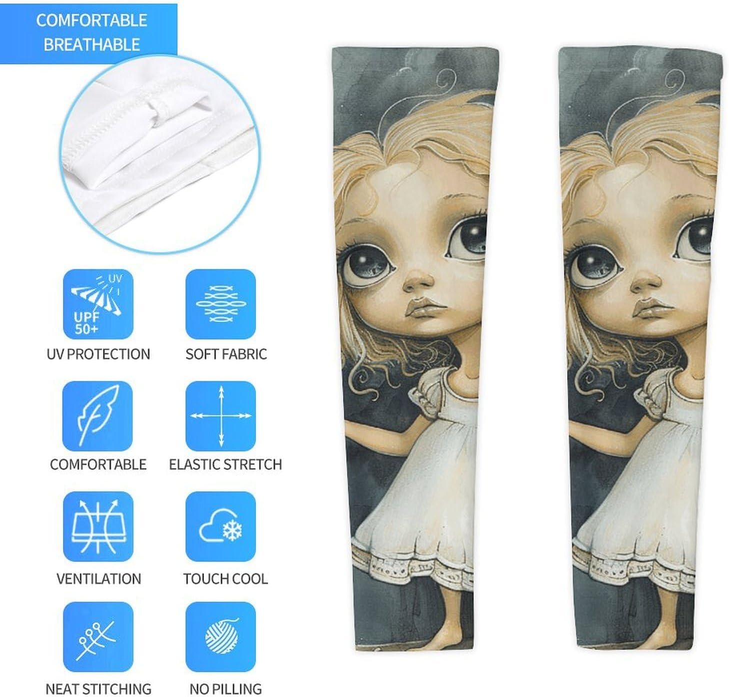 UV Sun Protection Cooling Arm Sleeves XX-Large (xx_l), Compression, Soft | Blonde Girl with Big Eyes Arm Covers for Sport, Breathable, Tattoo Cover Up, Portable Arm Brace for Women Men