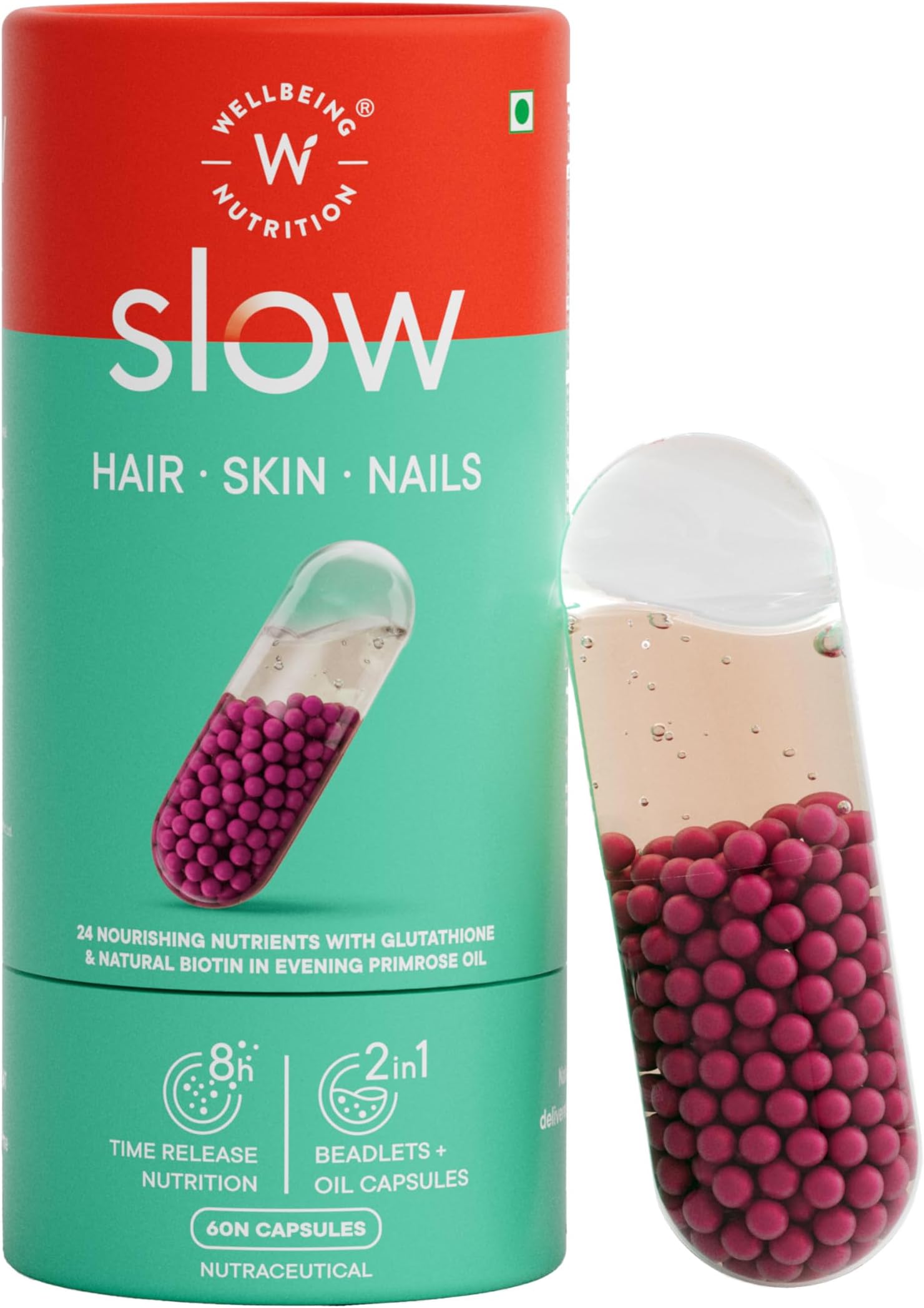 Wellbeing Nutrition Slow,Hair, Skin & Nails,Collagen, Glutathione, Hla, Biotin In Omega 3 And Evening Primrose Oil,Skin Glow & Renew Matrix, Hair Growth And Repair, Strong Nails (60 Capsules)