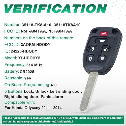 Miniatura 2 de Beefunny Reemplazo remoto de la llave del coche caso Fob 6 botón para Honda Odyssey 2011-2013 (1)