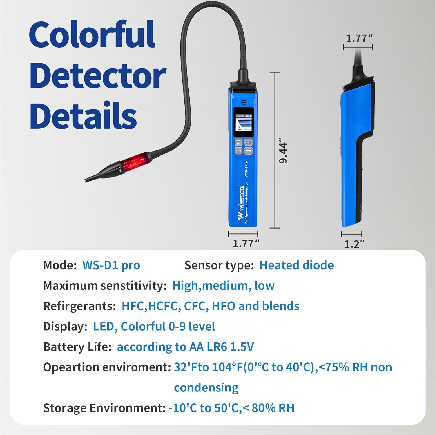 WISSCOOL HVAC Refrigerant Leak Detector with Light Alarm, Freon Leak Detector, Freon Sniffer Halogen Gas Leak Detector Sensor Probes,for R134A R1234yf R22 R410A (Color LED)