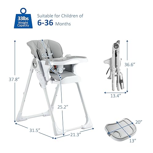 Miniatura 6 de Sillas altas para bebé, multifuncionales para bebés con altura ajustable y reclinable, silla alta plegable para bebé con bandeja extraíble, fácil de