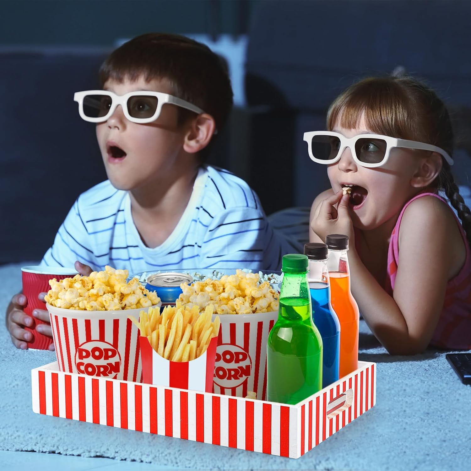 clothmile Movie Night Tray with Handles Wooden Snack Trays with Handles Reusable Snack Storage Box Movie Night Supplies for Countertop Theater Popcorn Bucket Bowl Box Container Family Room Decor
