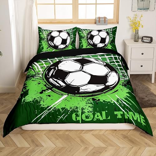 Erosebridal Juego de cama de fútbol para niños y niñas, funda de edredón de fútbol de dibujos animados, color negro, blanco, verde, juego de ropa de