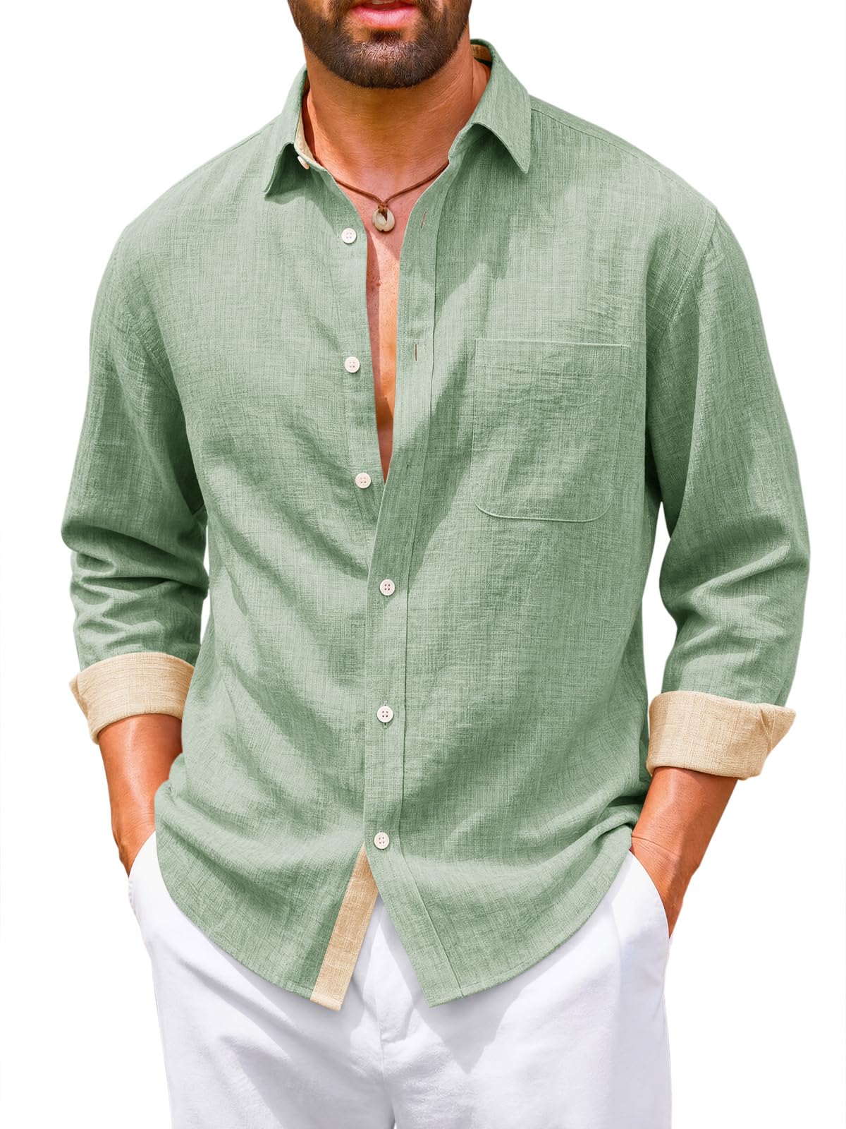 Mens Linen Button Down Shirt Long Sleeve Casual Tops with Pocket