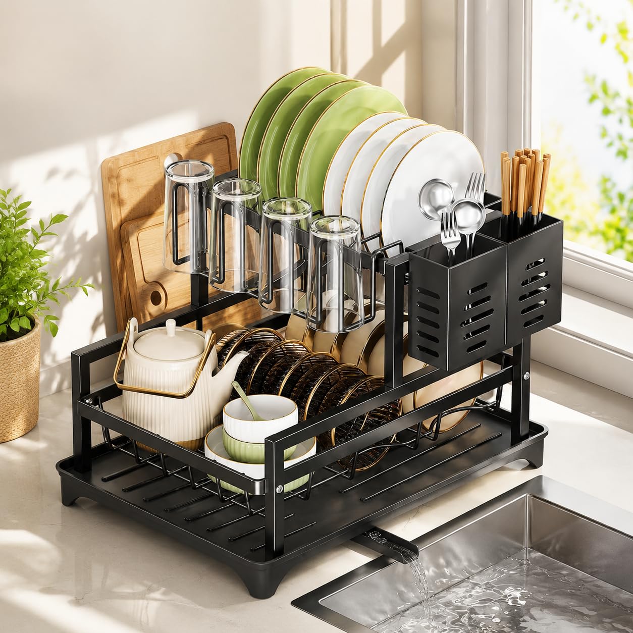 COMFYHOME 2 Tier Dish Drying Rack for Kitchen with Drip Tray, Cup Holder & Cutlery Holder – Rust-Resistant Countertop Organizer for Bowls, Plates, Cups, and Utensils（39.5x28.5x26cm） discount deal