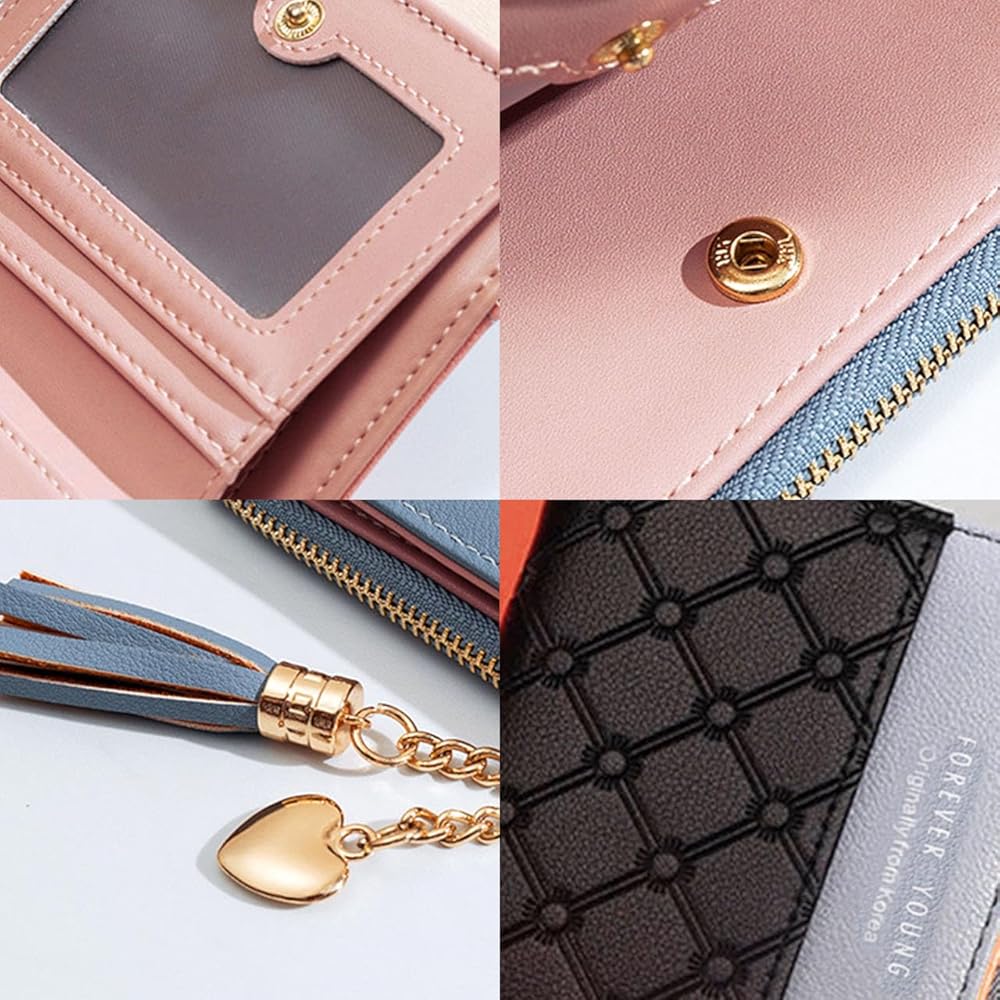 Portafoglio Donna Piccolo Con Nappe A Cuore - Portamonete In PU, Doppia Anta, Tasca Cerniera - 11x9cm - Foto 3