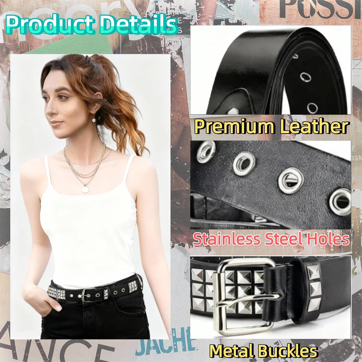 4 Piece Studded Rivet Double Grommet Belt Set -Black Faux Leather Gothic Goth Belt for Women Men - Punk Style Accessories for Men Women - Ideal Gift - Image 3