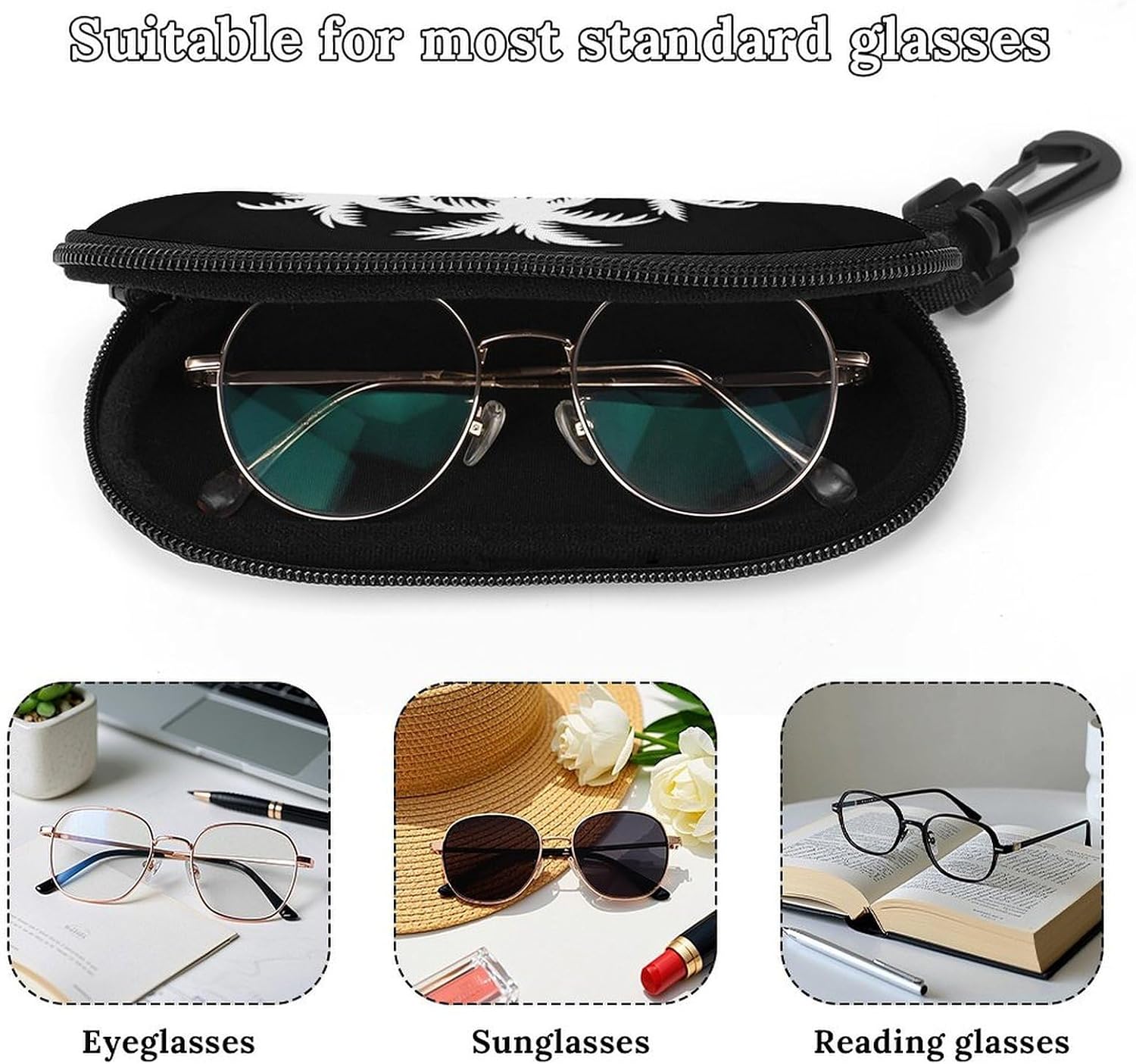 Bedroom Aesthetics Sunglasses Case with Hook Waterproof Zip Eyeglass Organizer for Reading Computer Driving Prescription Glasses Sports Goggles Crash Proof Eyewear Protective Sleeve image 4