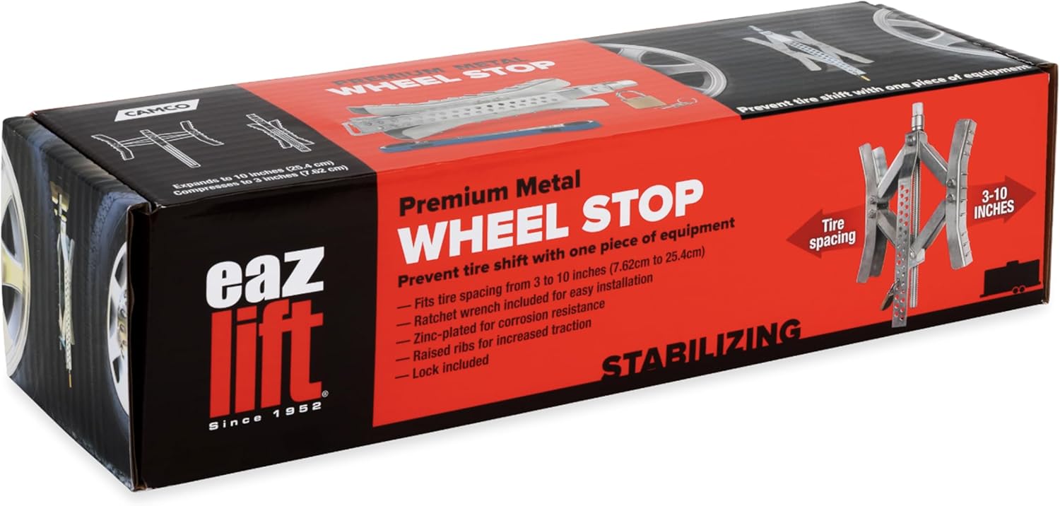 Camco Eaz-Lift Heavy Duty Wheel Stop with Ratchet Wrench- Stabilizes Your Truck by Securing Tandem Tires to Prevent Movement Spaced 3-10" Apart- Large (44662)