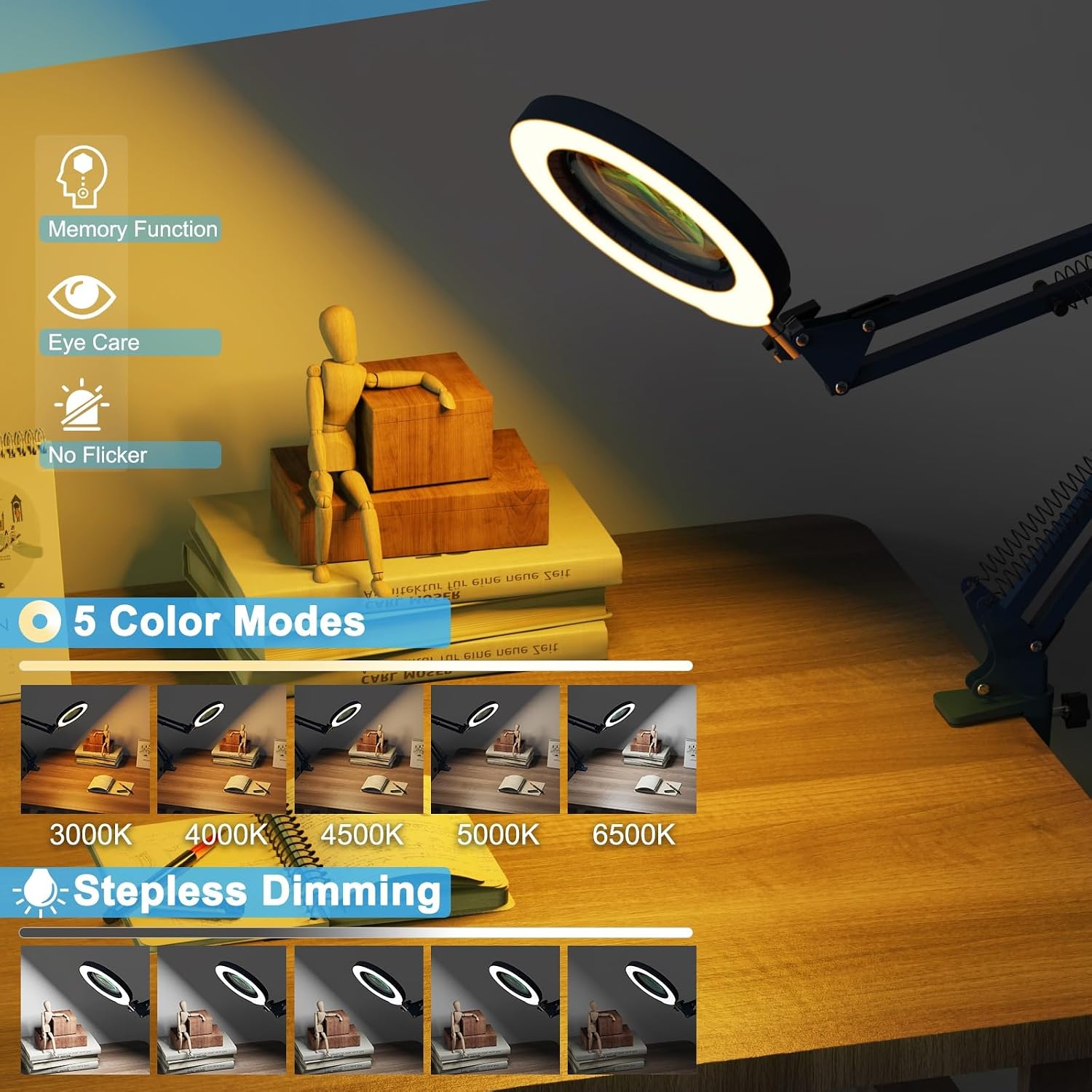 10X Magnifying Glass with Light and Clamp, Real Glass Stand Lighted Magnifier, 5 Color Modes Stepless Dimmable LED Desk Lamp Hands Free for Crafts Hobby Reading Painting Sewing Close Work - Blue image 4