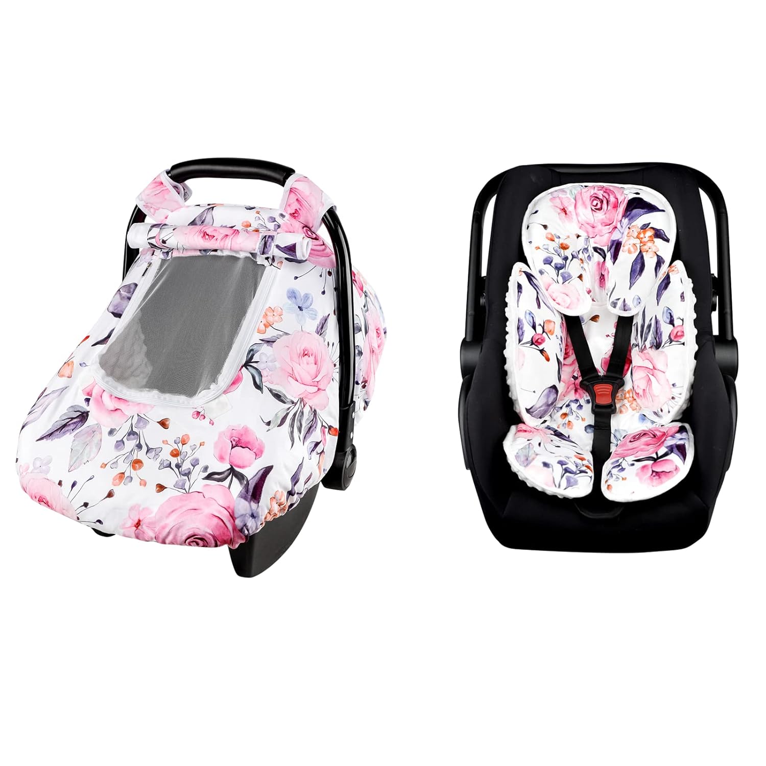 Pea Pod Pack of Baby Car Seat Cover and Head Body Support Set for Newborns, Super Soft Minkt and Breathable Plush Dot Fabric