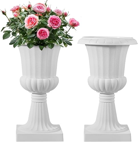 VEVOR Plastic Urn Planters, 9.8 x 16.5 Inch, 2 Pack White Classic Flower Pots Front Porch Planters, Indoor & Outdoor Vase for Wedding, Party, Event, Home, Stage, Garden, Balcony, Patio Decoration
