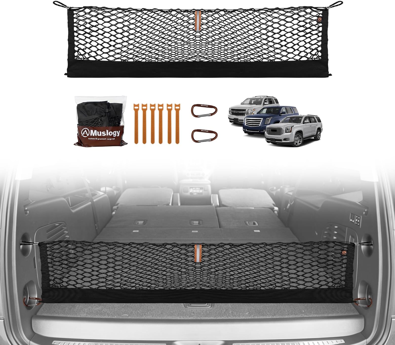 Muslogy Envelope Style Trunk Cargo Net Compatible with 2015-2020 Chevy Tahoe, GMC Yukon, Cadillac Escalade Accessories Upgraded Mesh Storage Luggage Net with Metal Hooks
