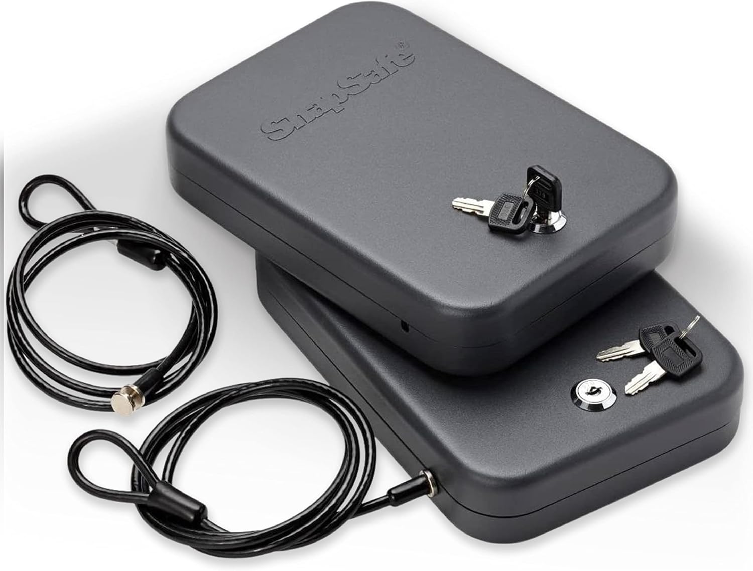 SnapSafe Portable Lock Box for Guns and Valuables, 2 Pack - Includes 2 Lock Boxes (Keyed Alike), 4 Keys and 1500 Pound Patented Security Cable - Thick 16-Gauge Steel - An Ideal Car Gun Safe