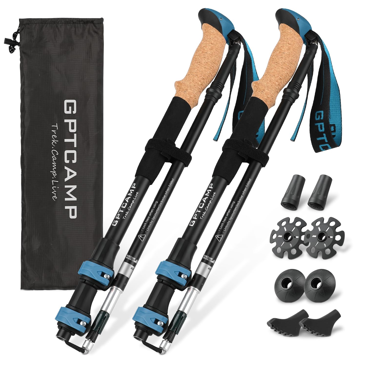 GPTCAMP Walking Sticks,Trekking Poles Collapsible Hiking Poles,Lightweight Folding Travel Walking Pole for Men Women,2pc Adjustable Hiking Stick with EVA Foam Grips for Backpacking