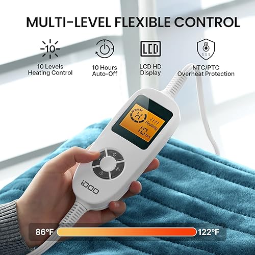 Miniatura 3 de iDOO Manta térmica, 10 niveles de calefacción y manta eléctrica de apagado automático de 1 a 10 horas, franela ultra suave de doble cara, manta de