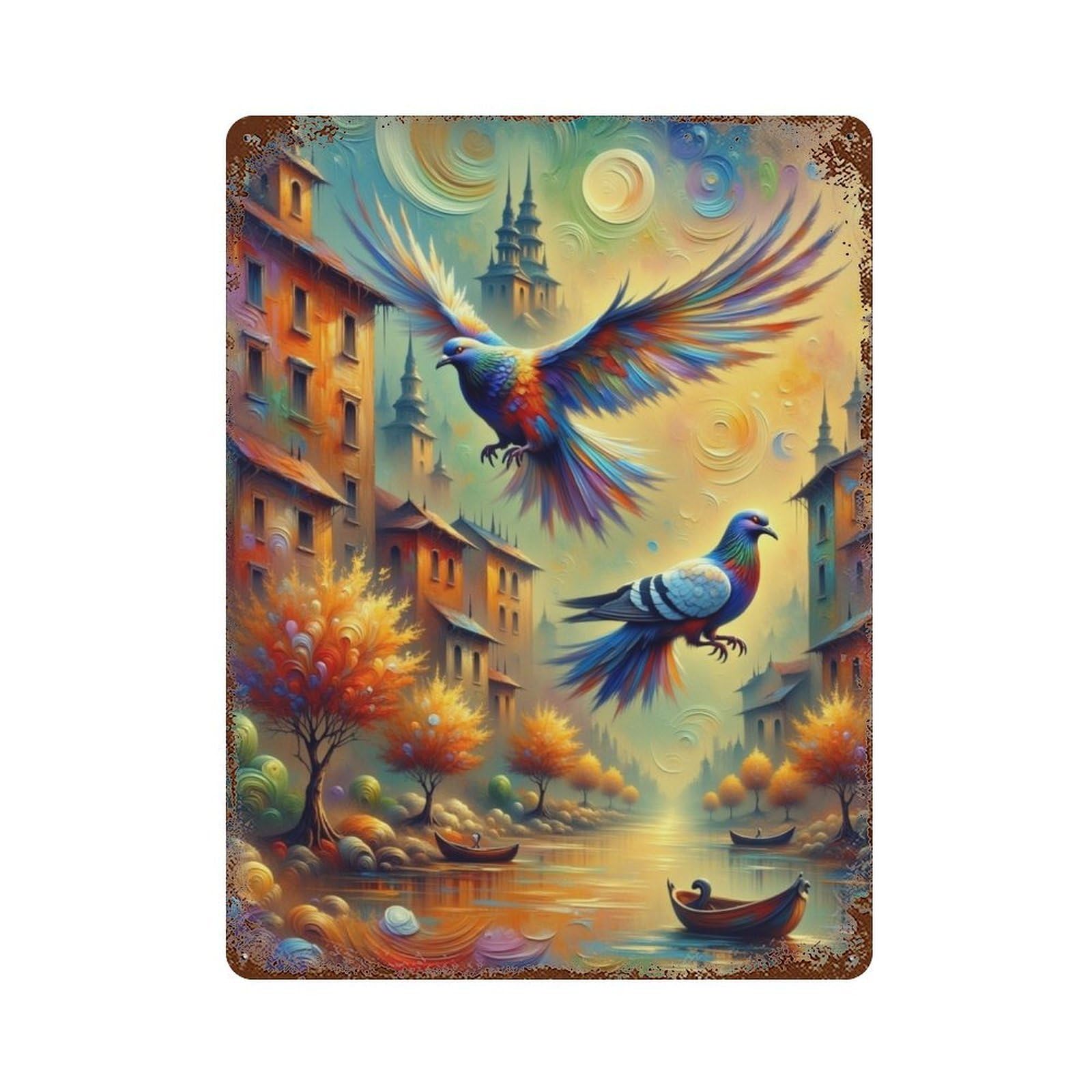 Magical Cityscape with Colorful Birds 15.7"x11.8" Distressed Metal Wall Sign, Shabby Chic Decor for Shed, Workshop And Garage Wall Decor