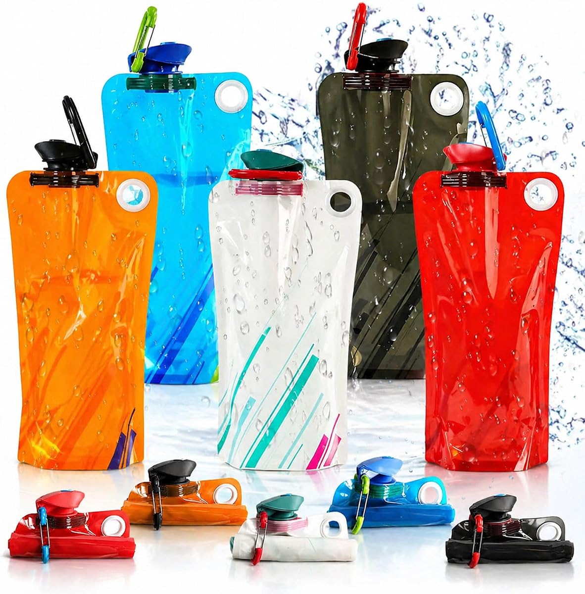 5 Pack Collapsible Water Bottles With Carabiner, 34oz Foldable Water Bottle with Leakproof Lid, Food-Grade Silicone Portable Reusable Water Bottle for Hiking,Sports,Camping,Biking, Traveling