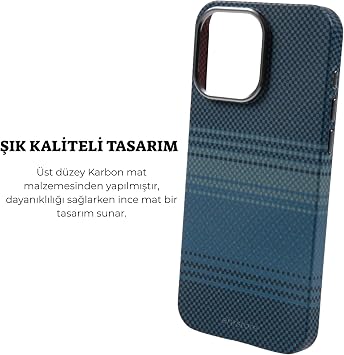 Ehr. iPhone 16 Pro Max Uyumlu Kamera Çıkıntılı Magsafe Wireless Şarj Özellikli Karbon Fiber Tasarımlı Armor Kevlar Kapak (Mavi, iPhone 16 Pro Max)