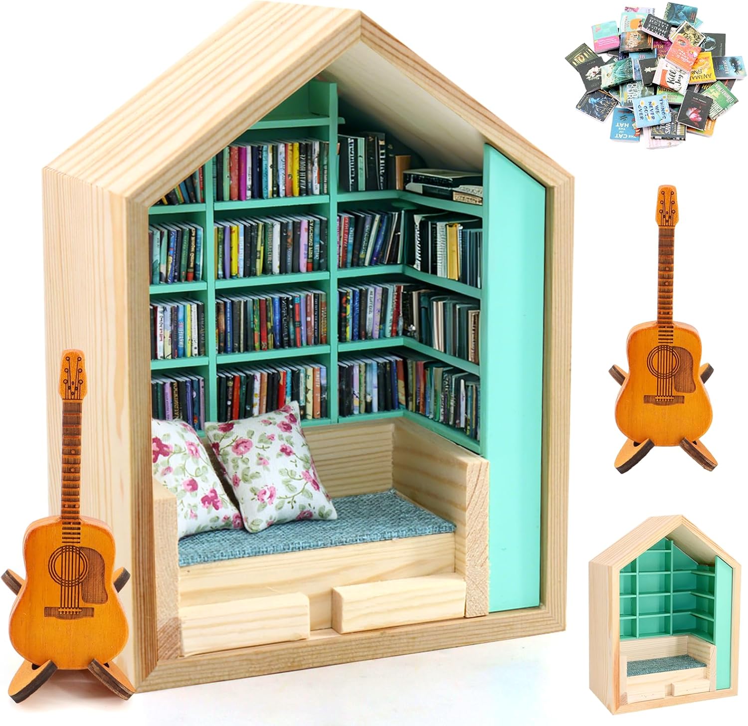 Scettar Mini Anxiety Bookshelf, 300 Pcs Mini Books, Guitar– Shake Away Your Anxiety, Antique Style Bookstore with Small Books, Office & Nook Decor, Stress-Relieving Gift for Book Lovers