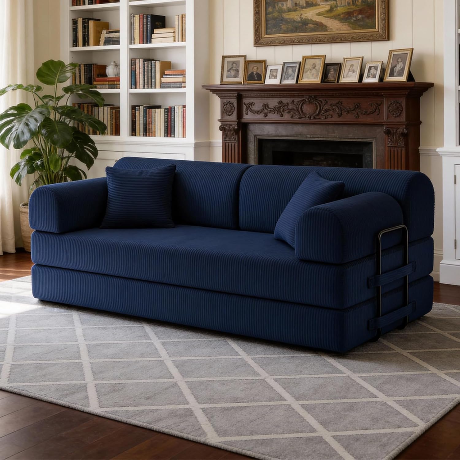 KEIKI 4-in-1 Folding Convertible Sofa Sleeper, 78" Oversized Loveseat Sleeper with Pull Out Bed, Corduroy Upholstered Boneless Apartment Size Couch for Living Room, Chaise Lounge Indoor, Blue
