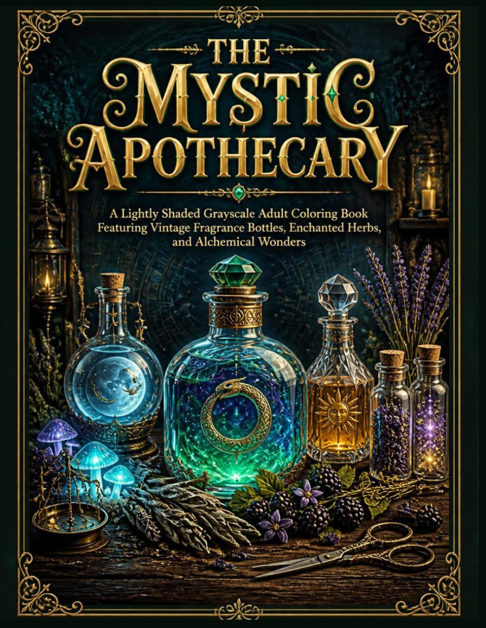 The Mystic Apothecary: A Lightly Shaded Grayscale Adult Coloring Book Featuring Vintage Fragrance Bottles, Enchanted Herbs, and Alchemical Wonders (Intricate Mystique)