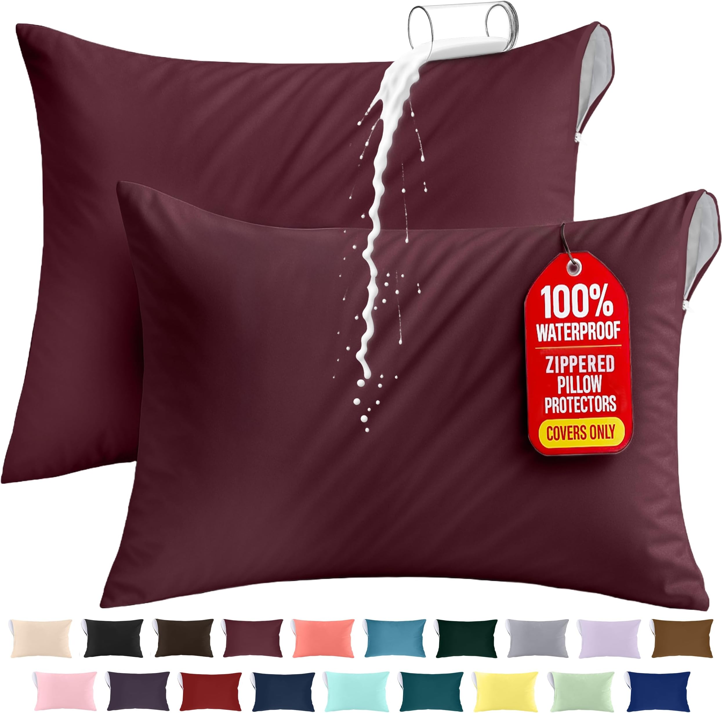 Utopia Bedding Premium 100% Waterproof Pillow Protectors with Zipper Queen Size (Set of 2), Bed Bug and Dust Mite Proof Zippered Pillow Covers, Pillow Encasement Cases, Burgundy