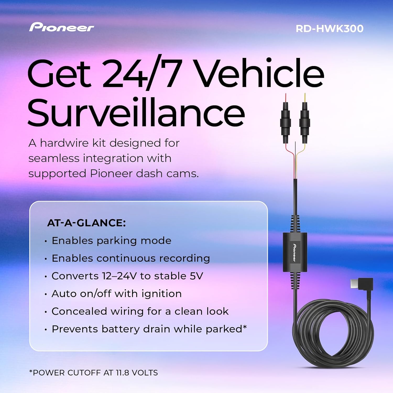 Pioneer RD-HWK300 USB-C Hardwire Kit for Compatible Dash Cams – 12-24V to 5V with Low Voltage Protection, Fuse Safety, Parking Mode Support for Continuous Recording