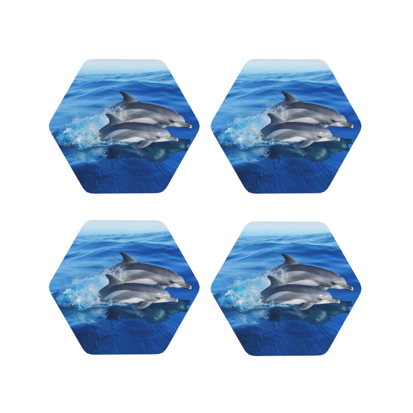 4Pcs PU Leather Coaster for Drinks, Dolphin Family Cup Coastersr 4" Cup Mat Pad, Aesthetic Drink Coasters for Coffee Table, Hexagon Coaster for Tabletop Protection