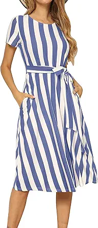 levaca Women's Short Sleeve Striped Casual Flowy Midi Belt Dress with Pockets