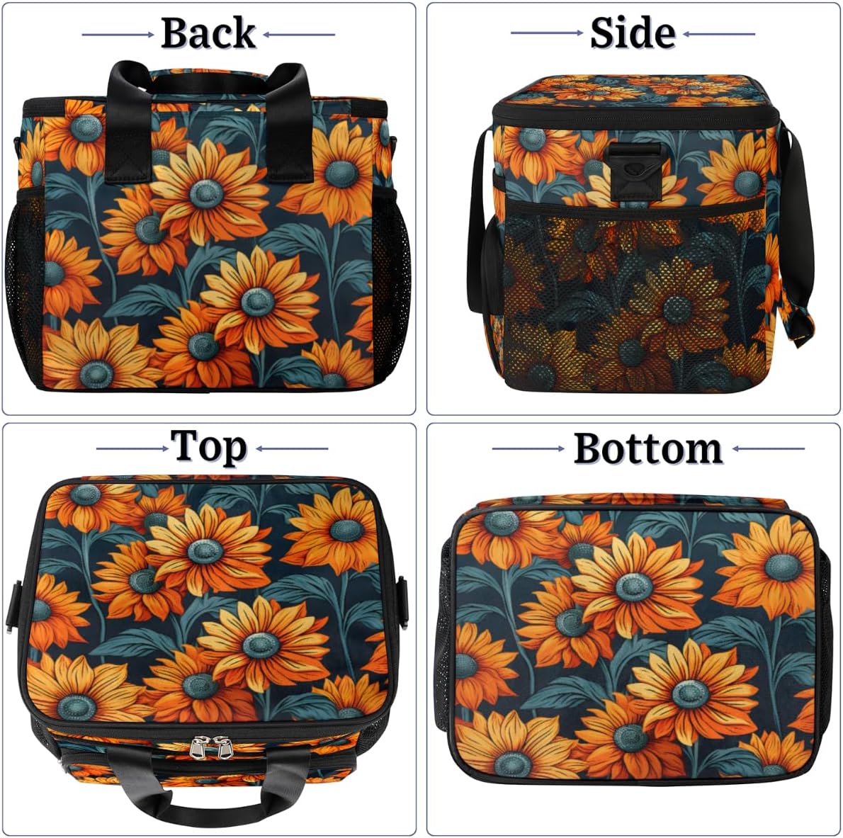 Yellow Flowers Insulated Picnic Backpack Lunch Box for Women Men Picnic Basket Tote Lunch Bag Picnic Bag Portable Lunch Bags for Picnic, Beach, Work, Trip,Office, Camp Retro Floral