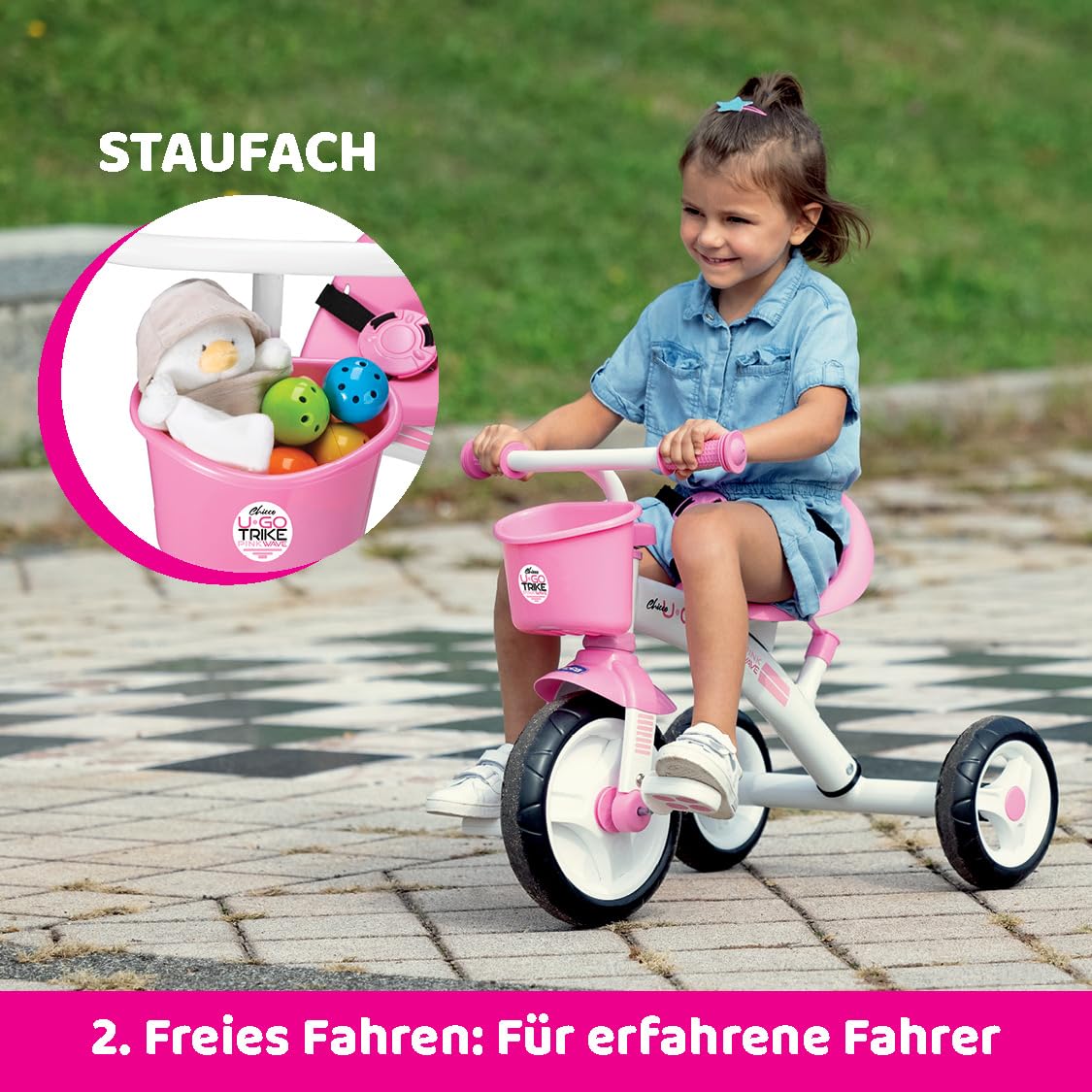 Chicco U-GO 2in1 Kinderdreirad, Dreirad für Mädchen und Jungen mit höhenverstellbarem Griff, Sicherheitsgurt und Ablagekorb, Max 20 kg, Kinderspielzeug ab 18 Monaten bis 5 Jahren