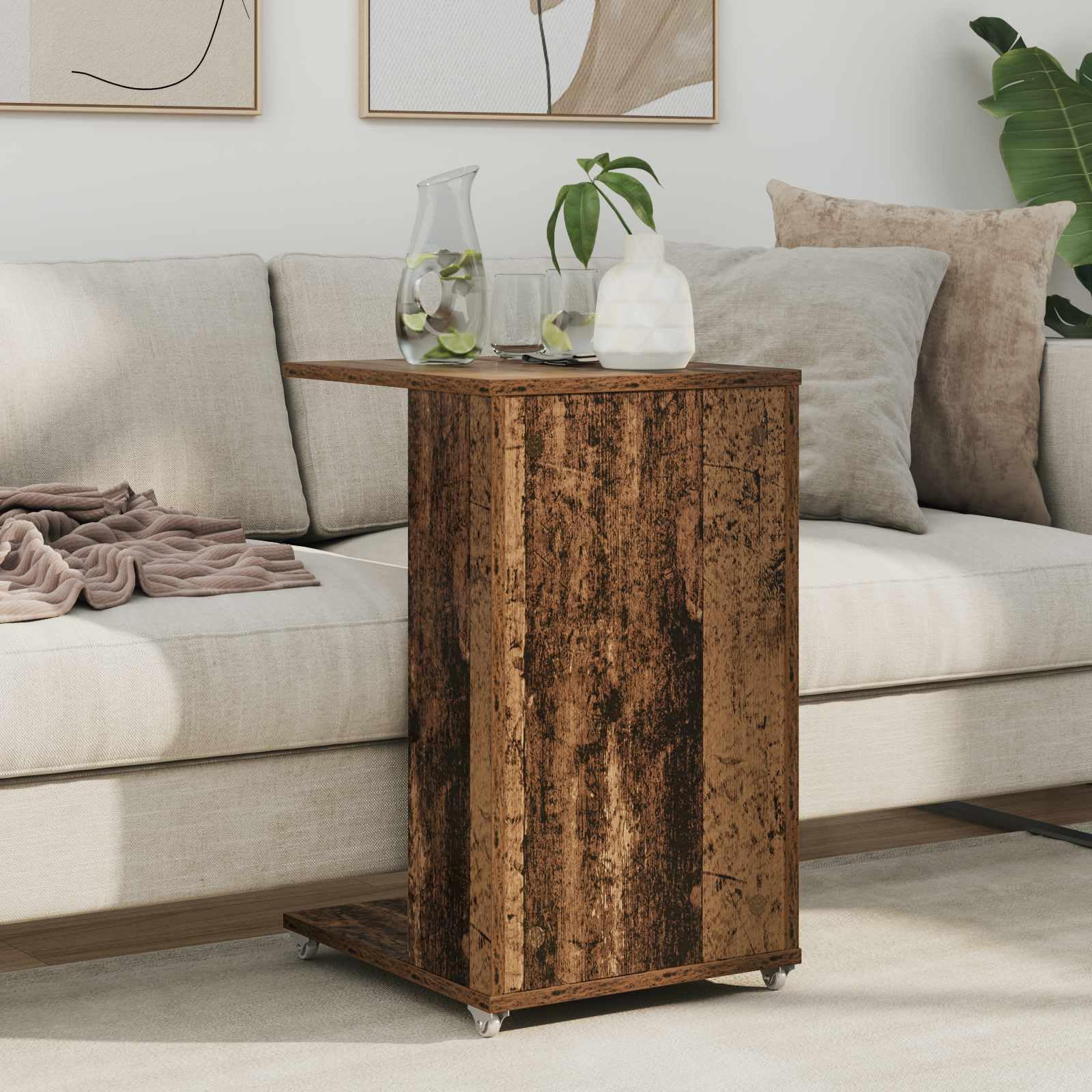 Mesa auxiliar con rueda de madera recuperada, 40 x 35 x 60 cm, mesa de centro móvil y mesita de noche con estante para salón, dormitorio, sofá y balcón, ahorra espacio y versátil